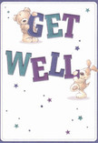 Brimming with playful comfort, this illustrated get well card shows two lovable friends-a cuddly teddy and an eager puppy-joyfully cradling and balancing big, vibrant letters that spell out 'Get Well.' The text, painted in shades of indigo and teal, stands out brightly against a smooth, soft cream background, much like a fresh display at Catford's community florist. Starlike details, shimmering in blue and purple, scatter a little magic and hope throughout the scene. The tactile detail is inviting: the bear's plush fur and the puppy's floppy ears seem to offer a virtual embrace, providing the kind of reassuring presence cherished in Catford's warm neighbourhoods. This design is more than a card-it's a heartfelt expression of real comfort and sincere encouragement, a gentle companion for anyone on the road to recovery in SE6.